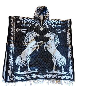 Authentic Mexican Gaban with Hoodie | Jorongo | Pancho | Horse Design | Black